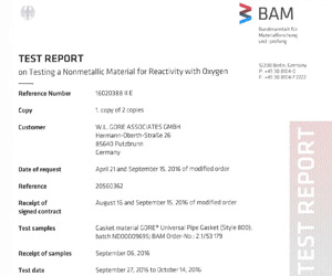 Universal Pipe Gasket (Style 800) Certification Oxygen Service BAM